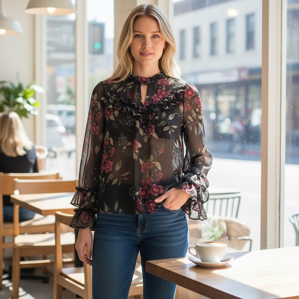 Arizona Jean Co Floral Sheer Ruffle Blouse Mock Neck Long Sleeve Whimsigoth Med.